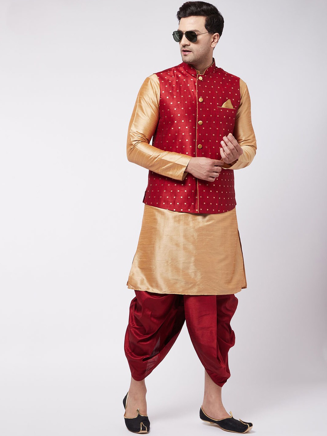 

VASTRAMAY Mandarin Collar Kurta with Dhoti Pants & Woven Design Nehru Jacket, Rose gold