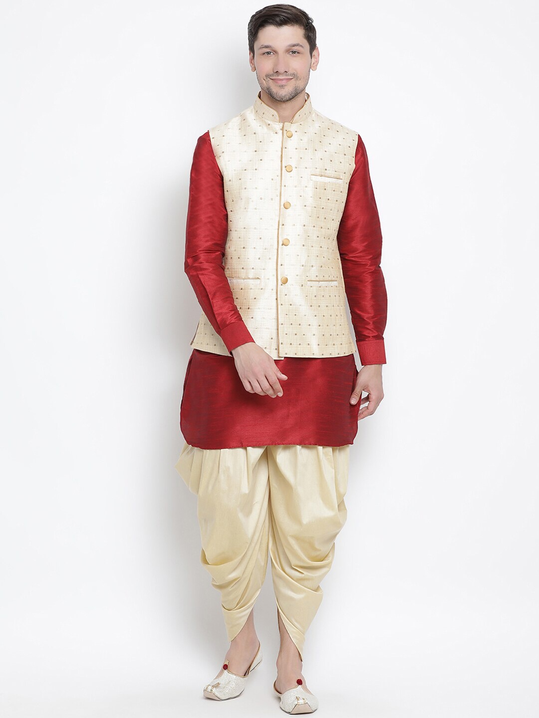 

VASTRAMAY Mandarin Collar Kurta with Dhoti Pants & Woven Design Nehru Jacket, Maroon