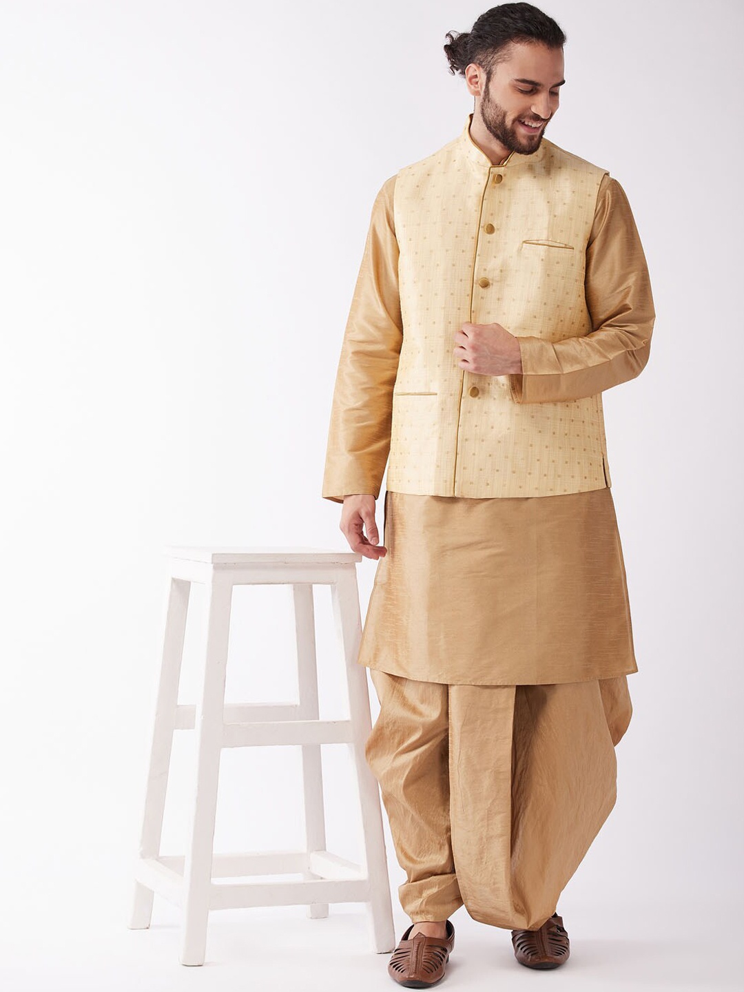 

VASTRAMAY Mandarin Collar Kurta With Dhoti Pants & Nehru Jacket, Rose gold