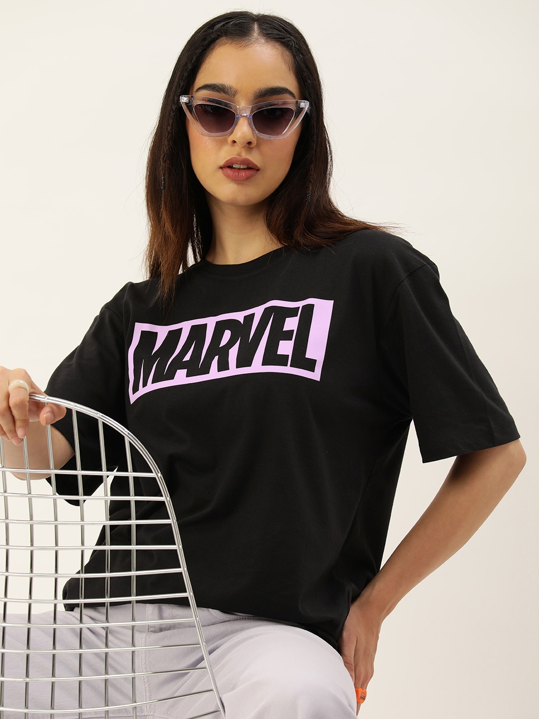 

Kook N Keech Marvel Women Printed Pure Cotton Oversized T-shirt, Black