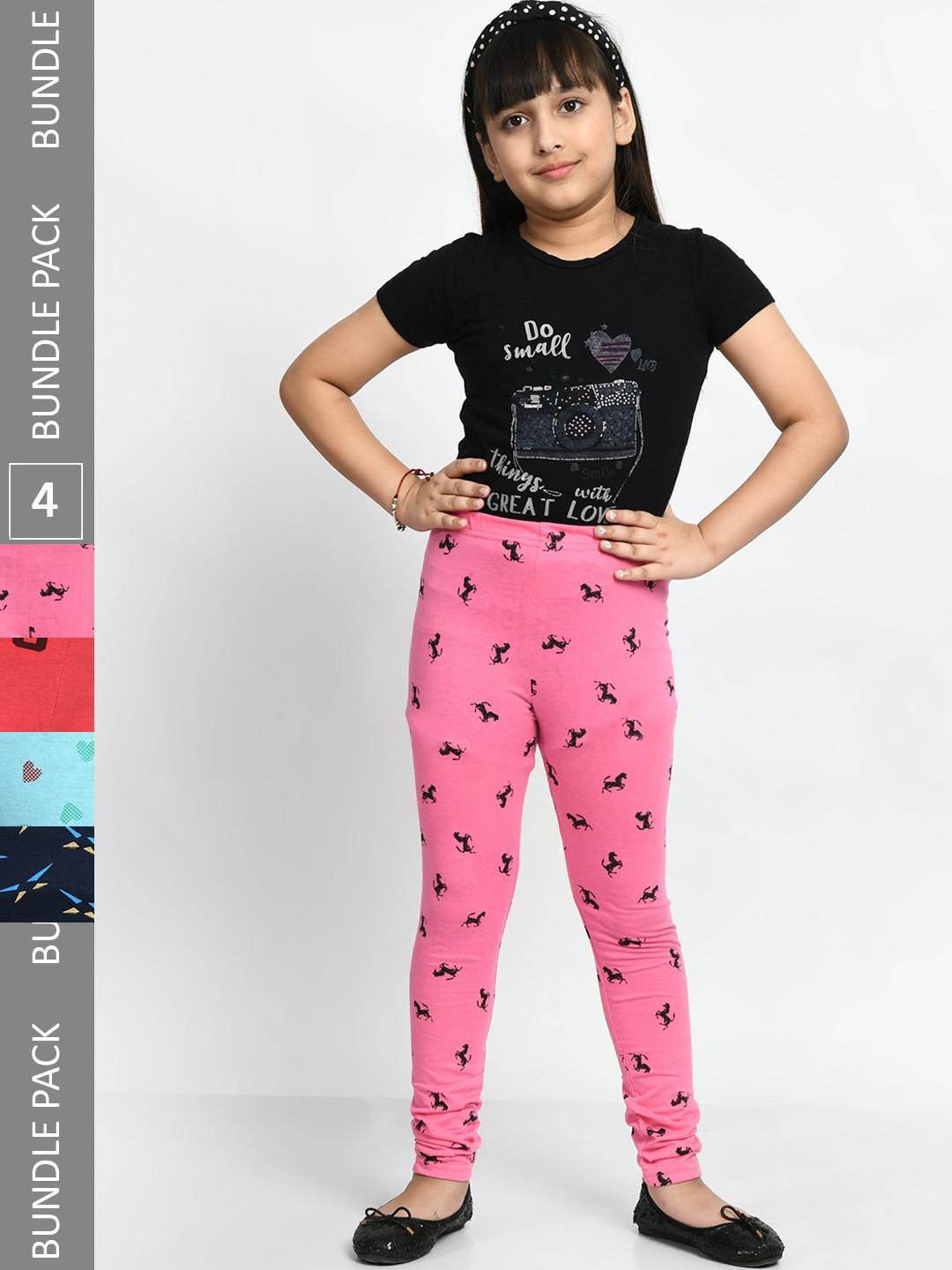 

BAESD Girls Pack Of 4 Printed Pure Cotton Churidar-Length Leggings, Pink
