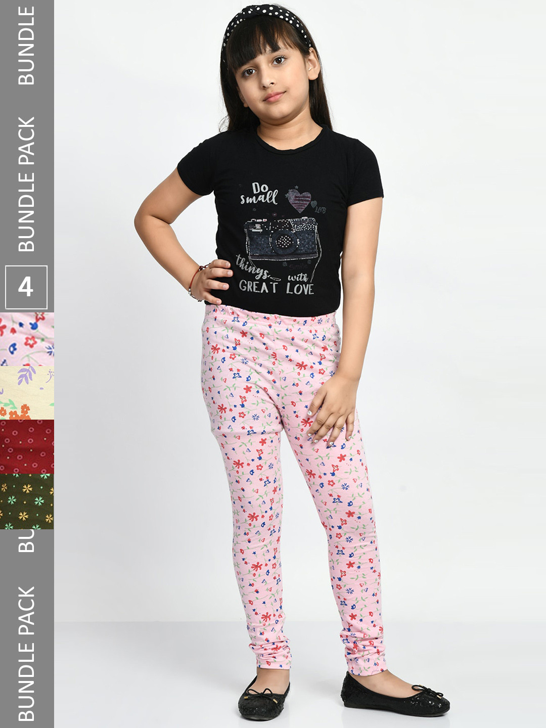 

BAESD Girls Pack Of 4 Printed Pure Cotton Churidar-Length Leggings, Pink