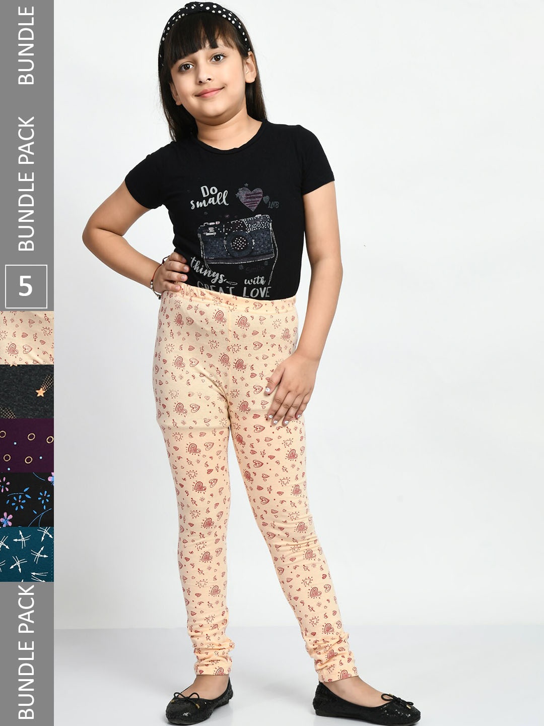 

BAESD Girls Pack Of 5 Printed Churidar Length Pure Cotton Leggings, Beige