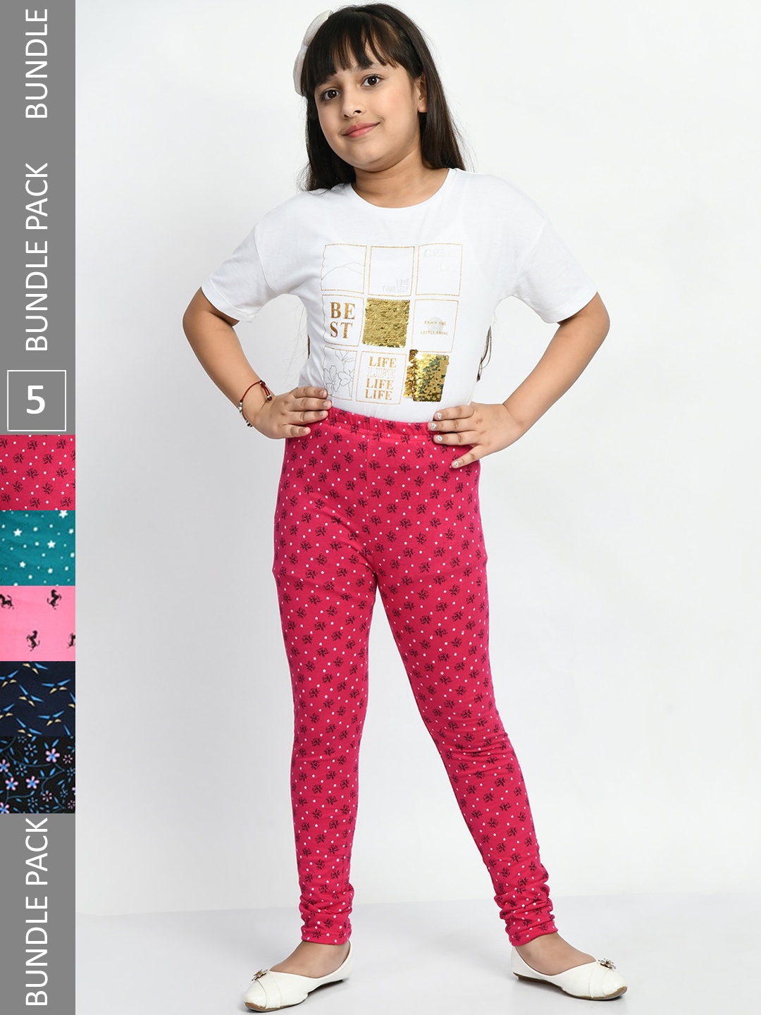 

BAESD Girls Pack Of 5 Printed Churidar Length Pure Cotton Leggings, Pink