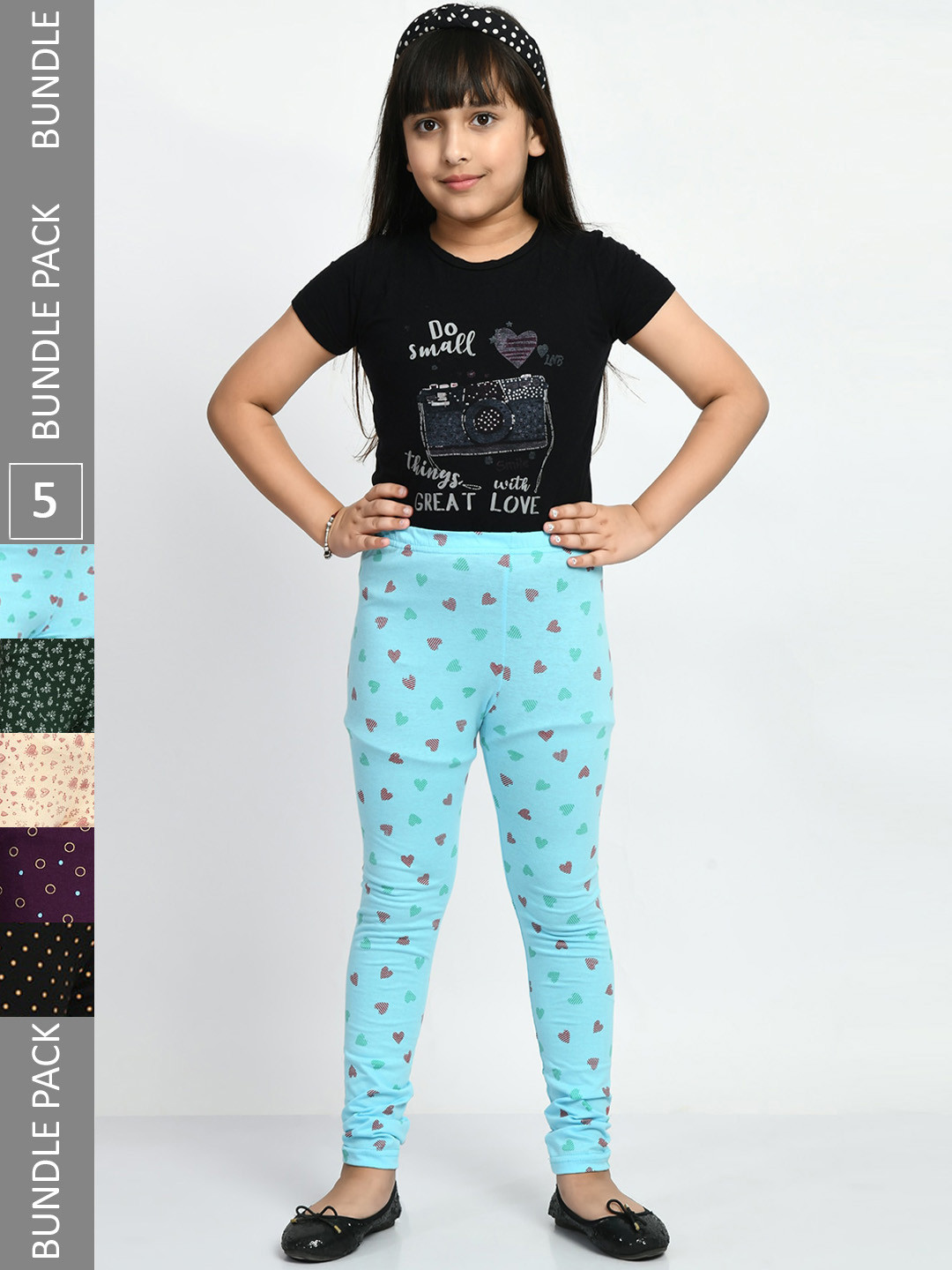 

BAESD Girls Pack Of 5 Conversational Printed Pure Cotton Churidar-Length Leggings, Black