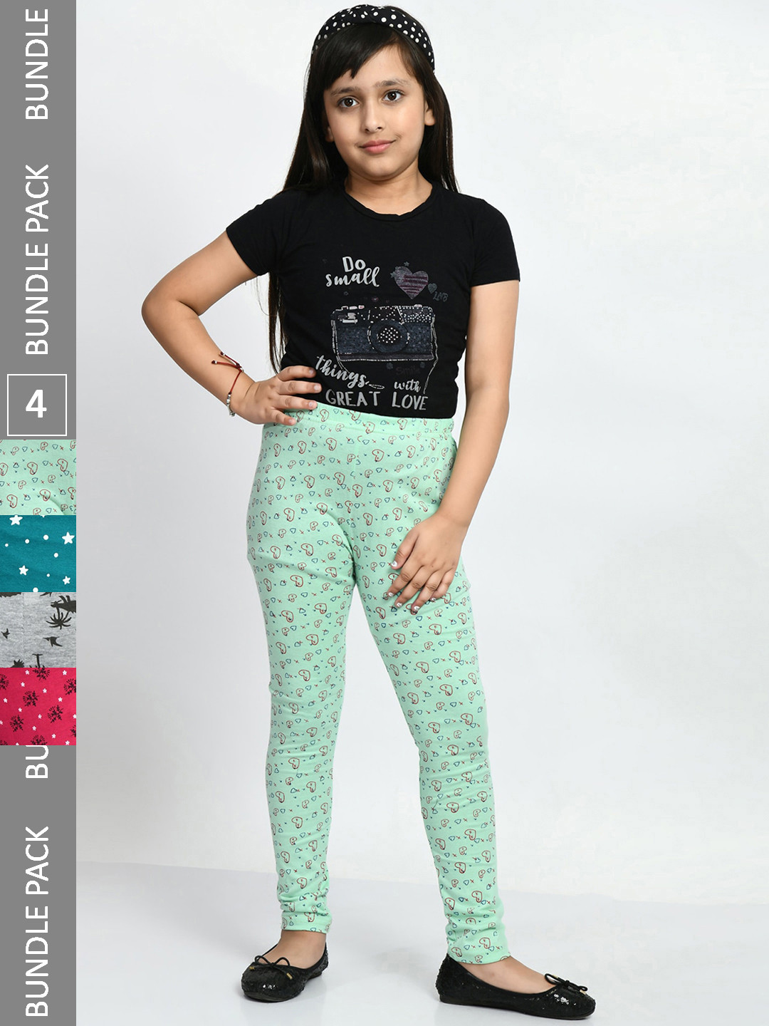 

BAESD Girls Pack Of 4 Printed Cotton Churidar-Length Leggings, Green