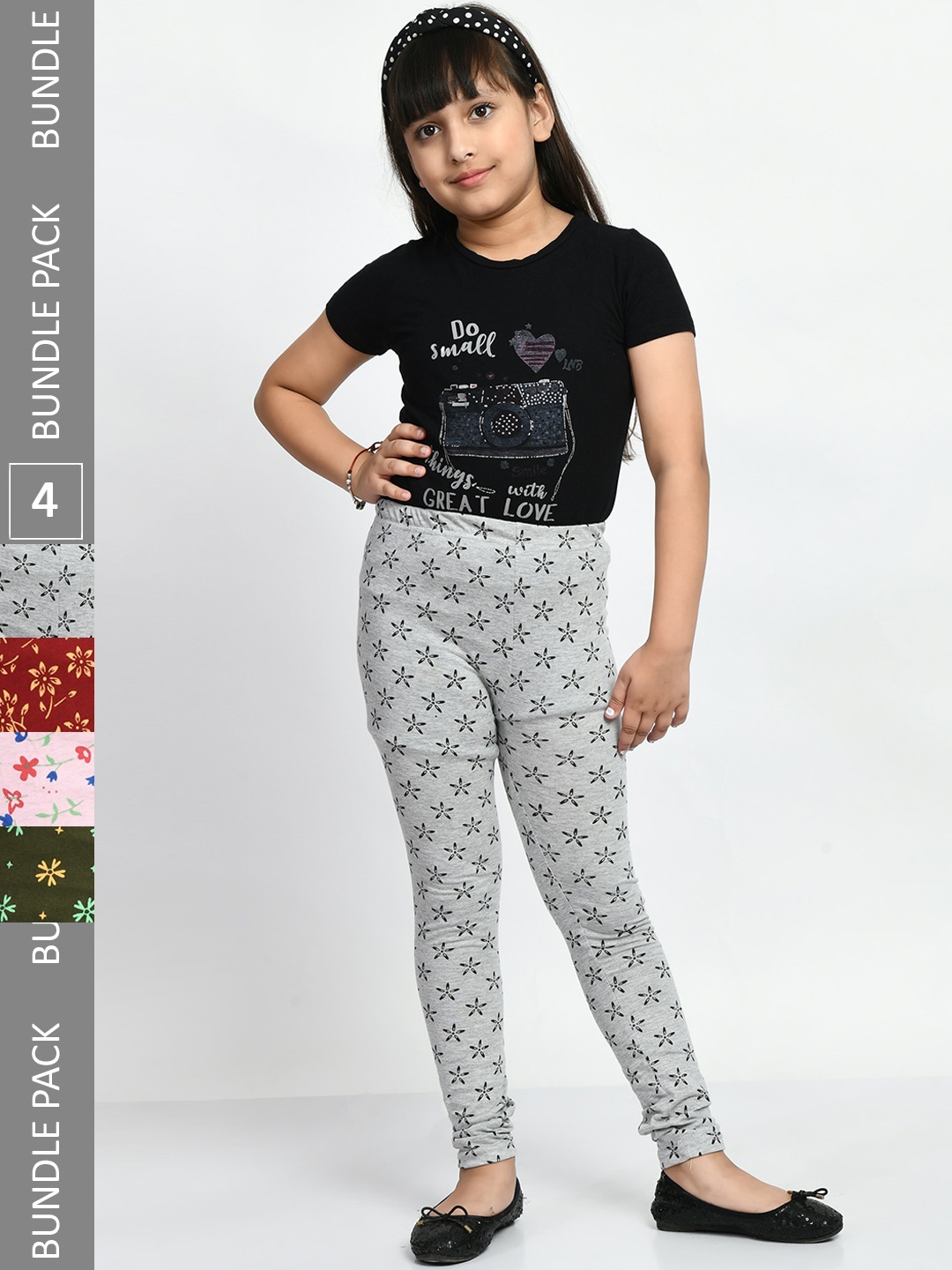 

BAESD Girls Pack of 4 Printed Super Soft Pure Cotton Churidar- Length Leggings, Grey