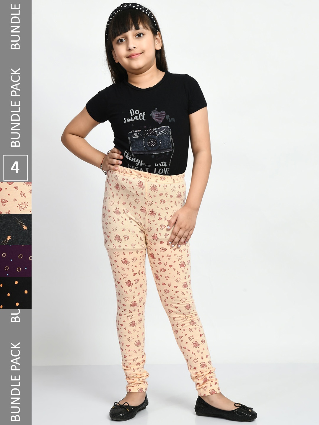 

BAESD Girls Pack Of 4 Printed Pure Cotton Churidar-Length Leggings, Beige