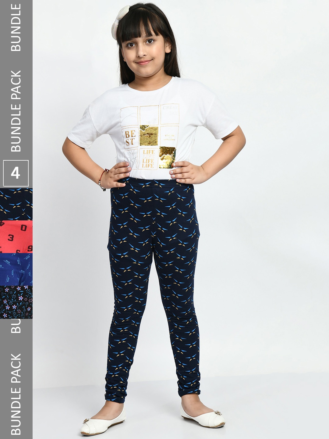 

BAESD Girls Pack of 4 Printed Pure Cotton Leggings, Navy blue