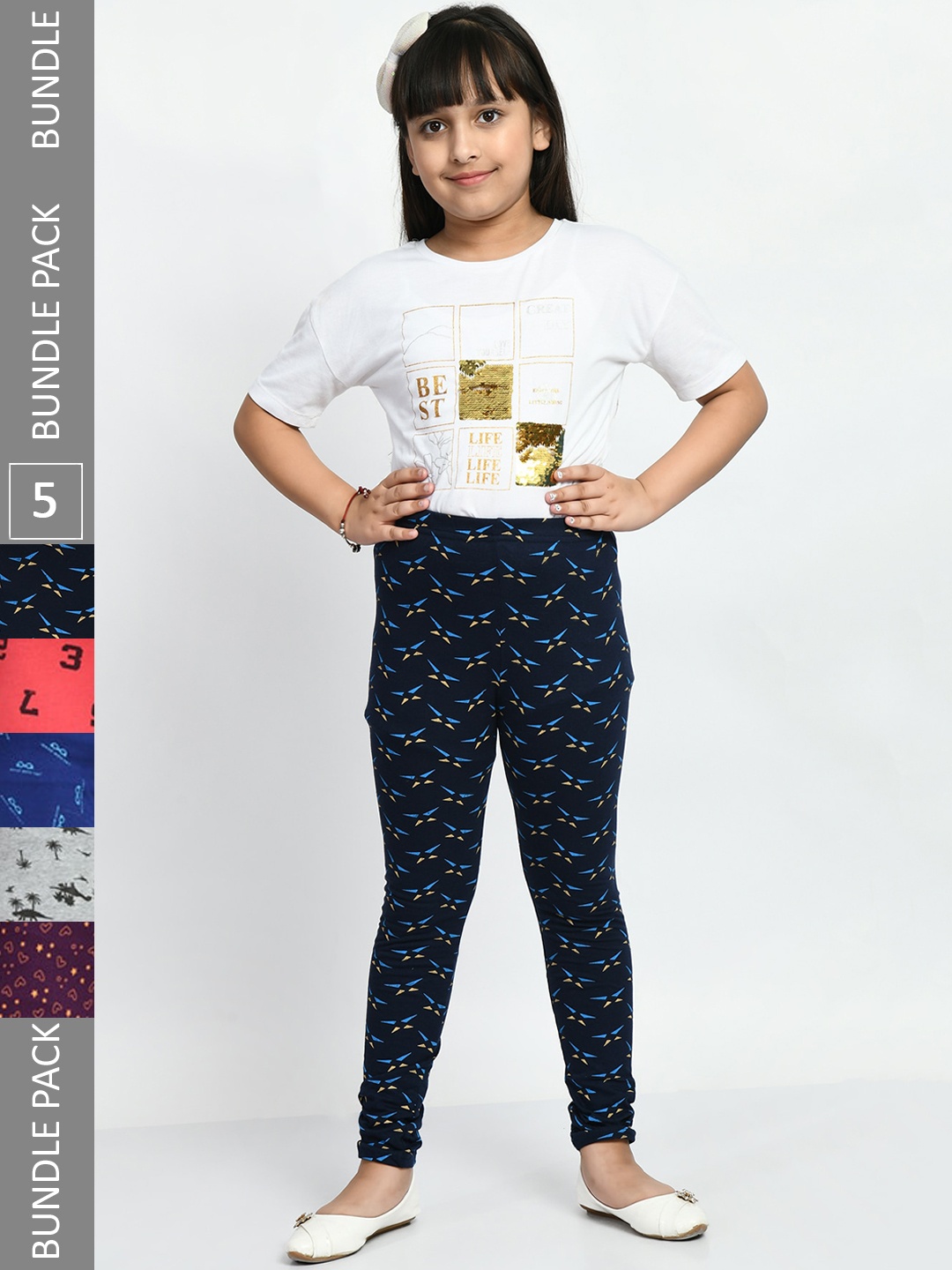 

BAESD Girls Pack of 5 Printed Super Soft Pure Cotton Churidar- Length Leggings, Navy blue