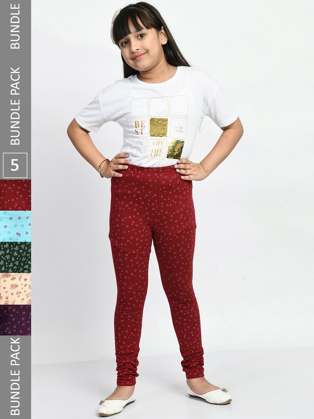 

BAESD Girls Pack Of 5 Printed Pure Cotton Churidar-Length Leggings, Burgundy