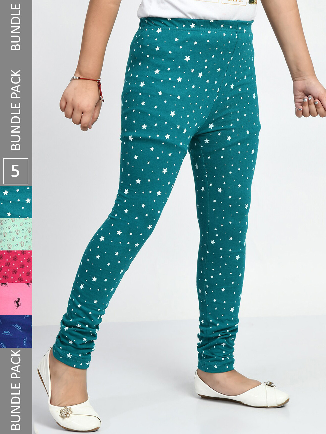 

BAESD Girls Pack of 5 Printed Super Soft Pure Cotton Churidar- Length Leggings, Blue