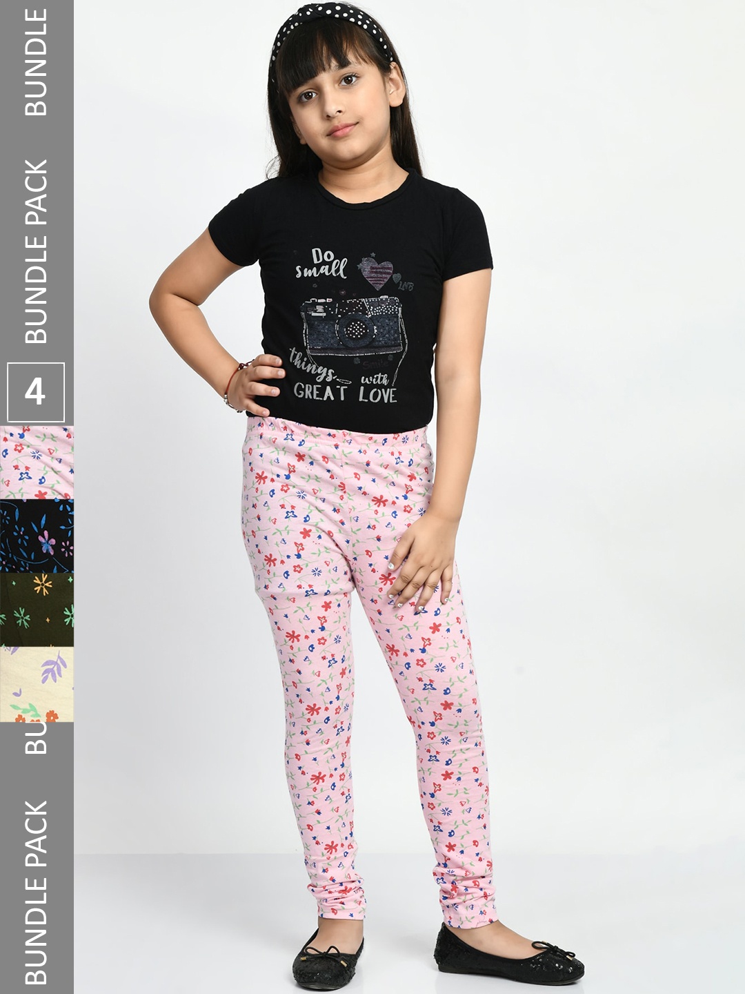 

BAESD Girls Pack Of 4 Printed Pure Cotton Churidar-Length Leggings, Pink