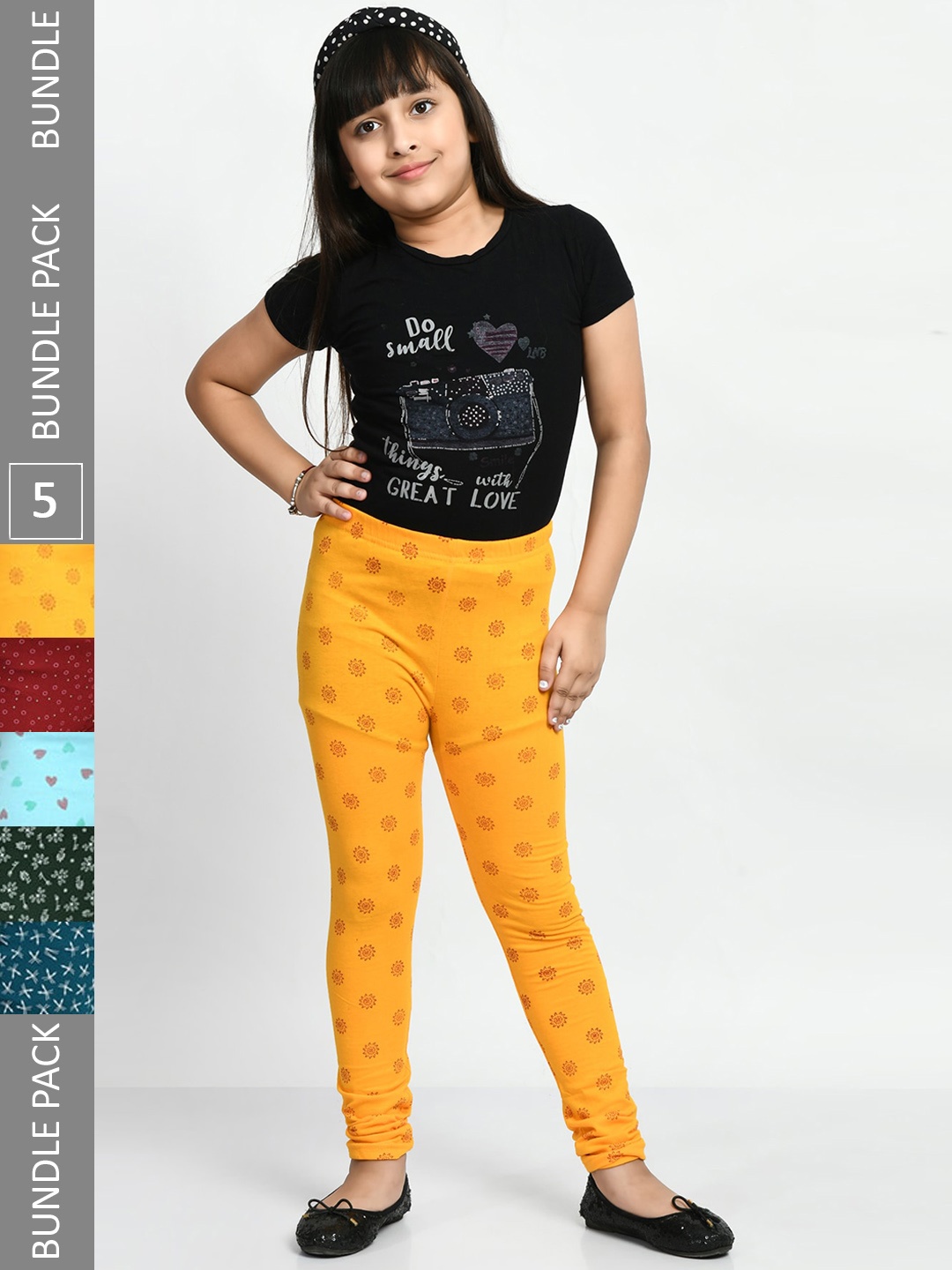 

BAESD Girls Pack of 5 Printed Super Soft Pure Cotton Churidar- Length Leggings, Yellow