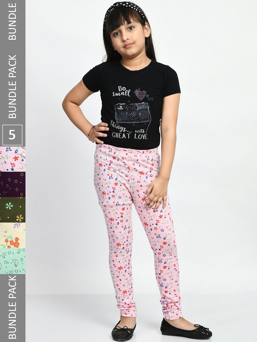 

BAESD Girls Pack Of 5 Printed Churidar Length Pure Cotton Leggings, Pink