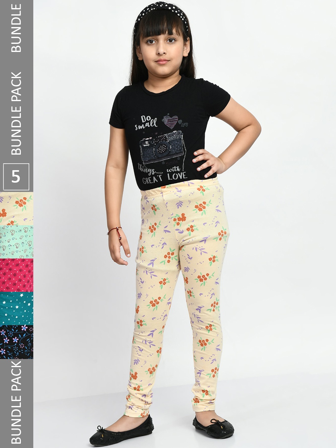 

BAESD Girls Pack Of 5 Printed Pure Cotton Churidar-Length Leggings, Cream