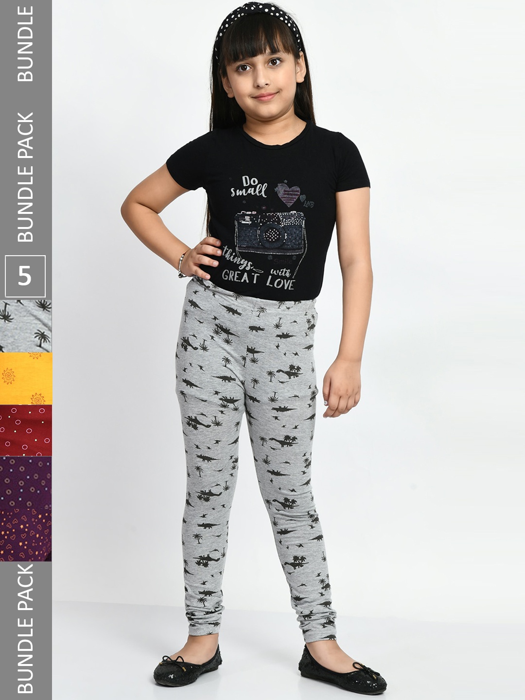 

BAESD Girls Pack Of 5 Printed Pure Cotton Churidar-Length Leggings, Grey