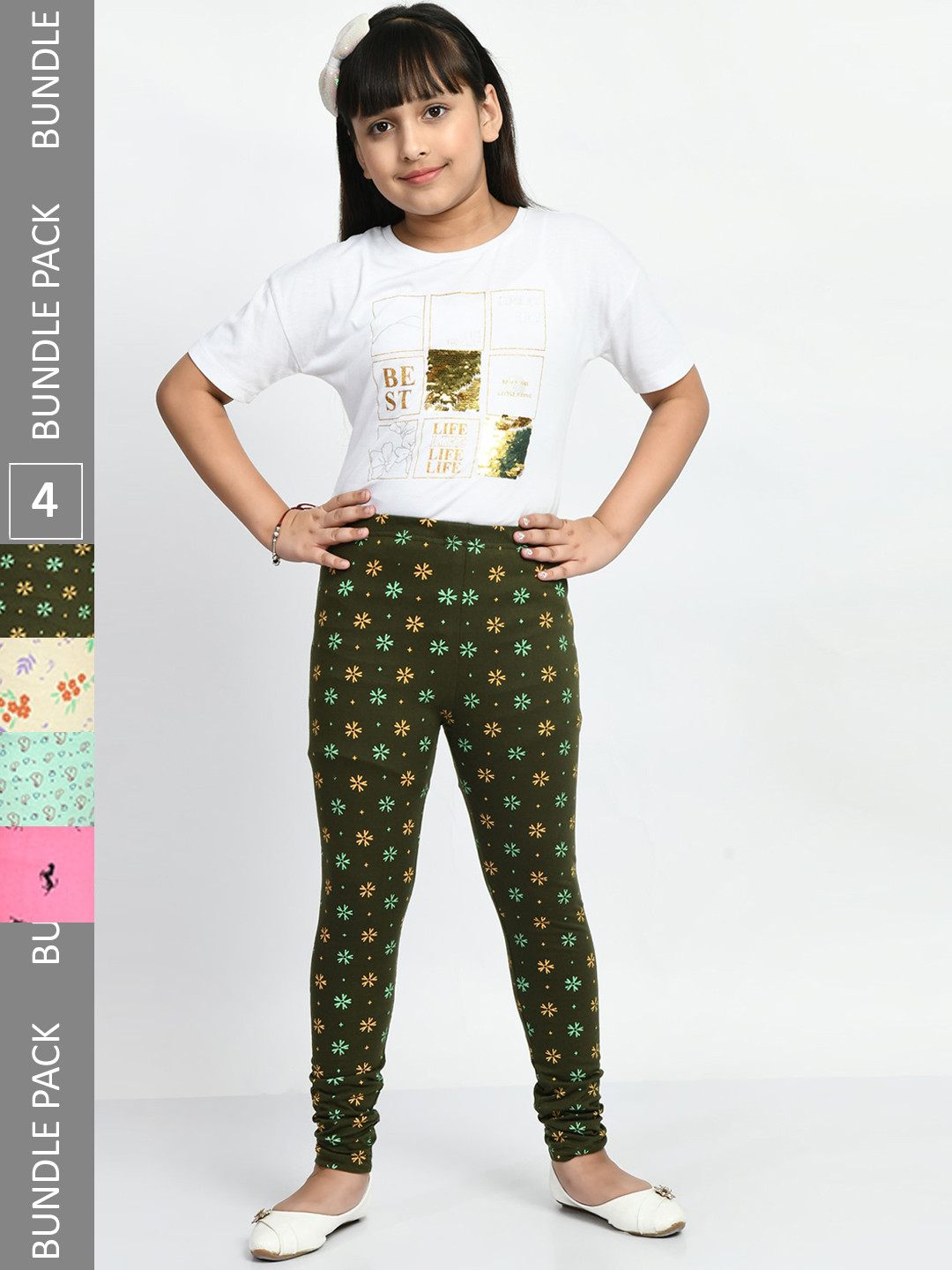 

BAESD Girls Pack Of 4 Printed Churidar Length Pure Cotton Leggings, Green