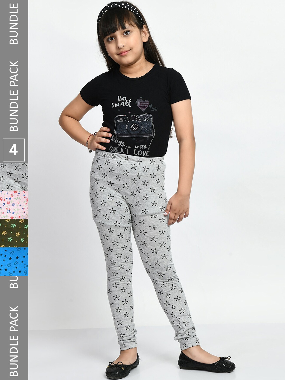 

BAESD Girls Pack Of 4 Printed Churidar Length Pure Cotton Leggings, Grey