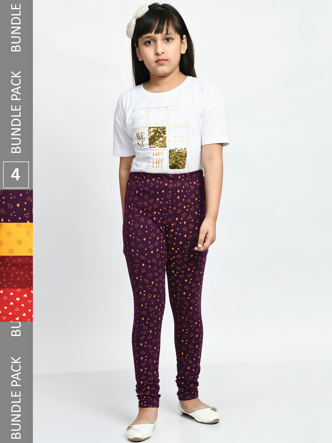 

BAESD Girls Pack of 4 Printed Pure Cotton Leggings, Burgundy