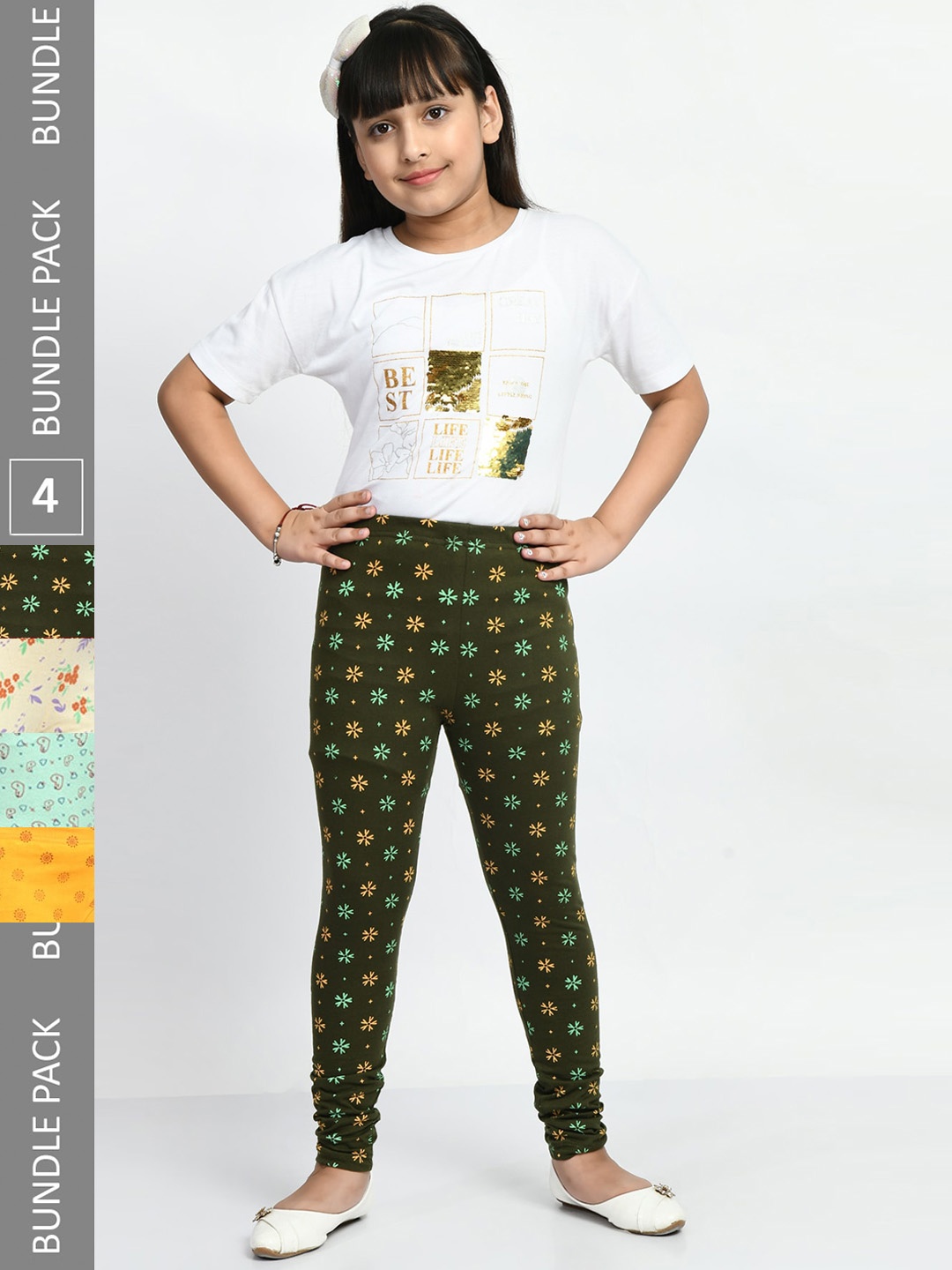 

BAESD Girls Pack Of 4 Printed Super Soft Cotton Churidar-Length Leggings, Green