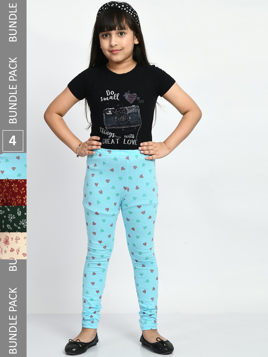 

BAESD Girls Pack Of 4 Printed Super Soft Pure Cotton Churidar-Length Leggings, Blue