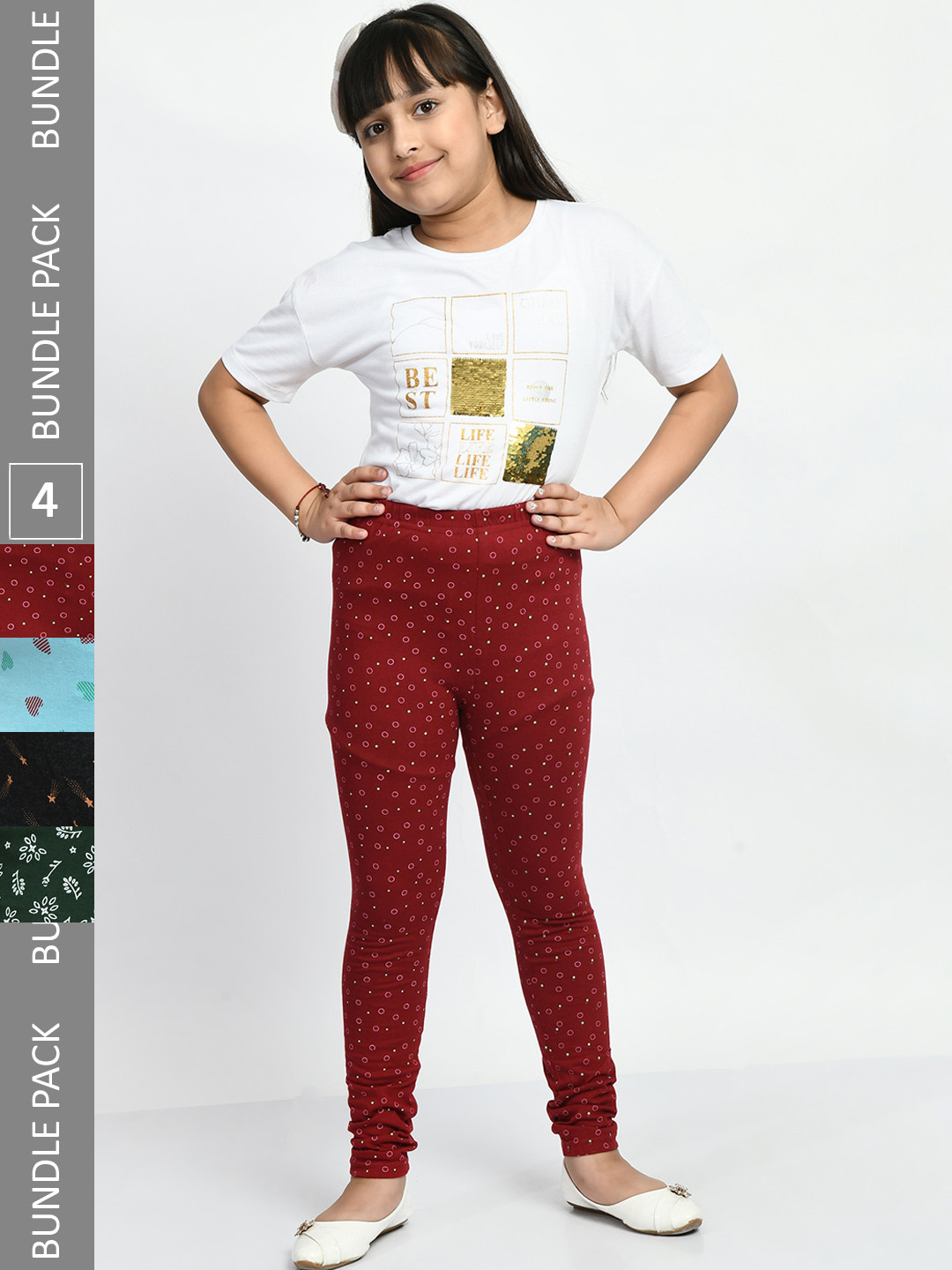 

BAESD Girls Pack Of 4 Printed Super Soft Pure Cotton Churidar-Length Leggings, Maroon