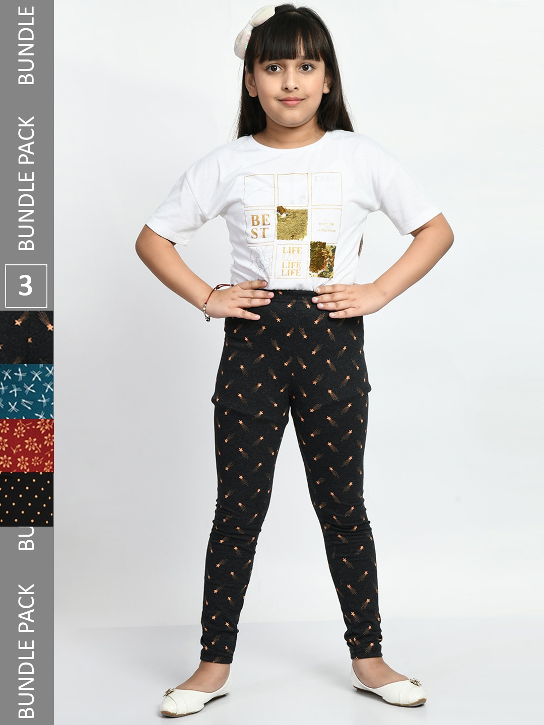 

BAESD Girls Pack Of 4 Printed Pure Cotton Churidar-Length Leggings, Charcoal