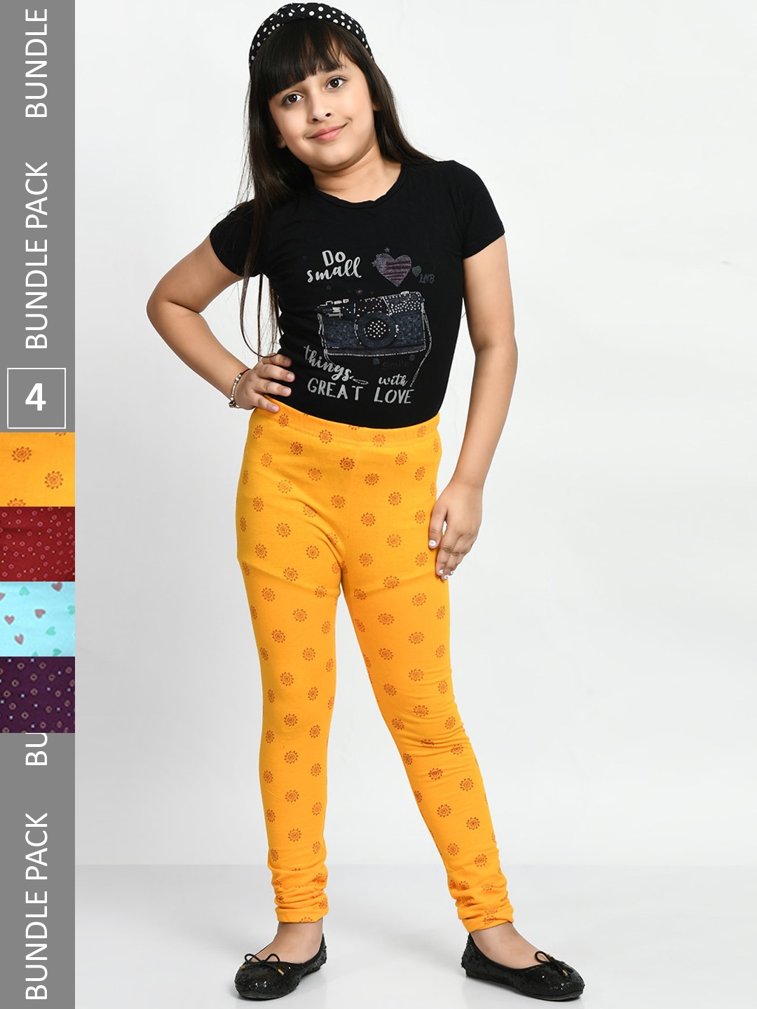

BAESD Girls Pack Of 4 Allover Printed Pure Cotton Churidar-Length Leggings, Yellow