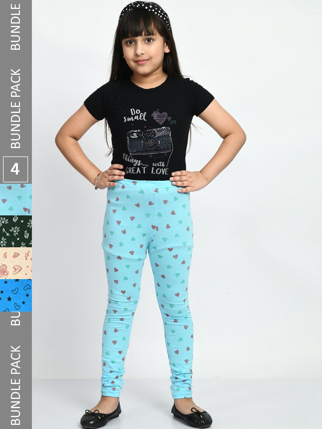

BAESD Girls Pack Of 4 Allover Printed Pure Cotton Churidar-Length Leggings, Blue