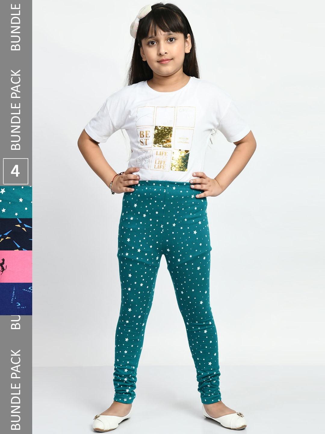 

BAESD Girls Pack Of 4 Printed Pure Cotton Churidar-Length Leggings, Teal