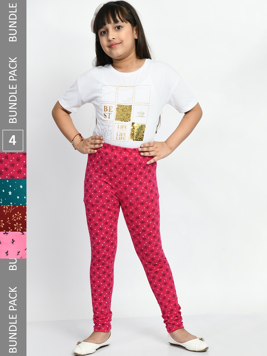 

BAESD Girls Pack Of 4 Printed Pure Cotton Super Soft Churidar-Length Leggings, Pink