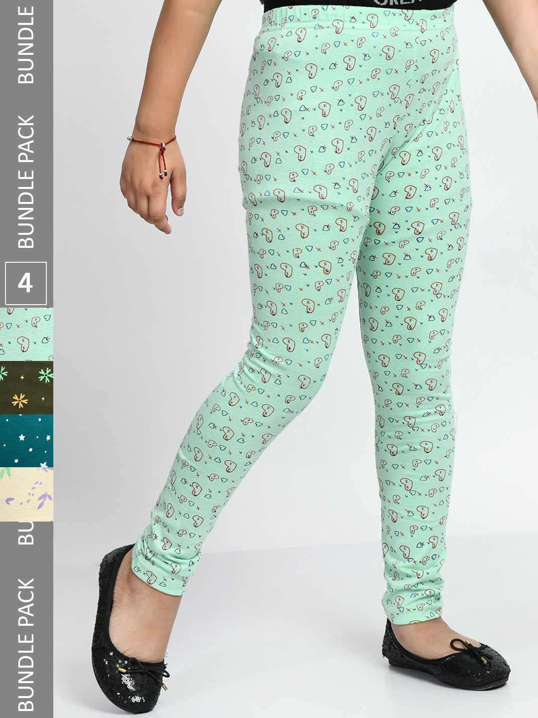 

BAESD Girls Pack Of 4 Printed Super Soft Pure Cotton Churidar-Length Leggings, Green
