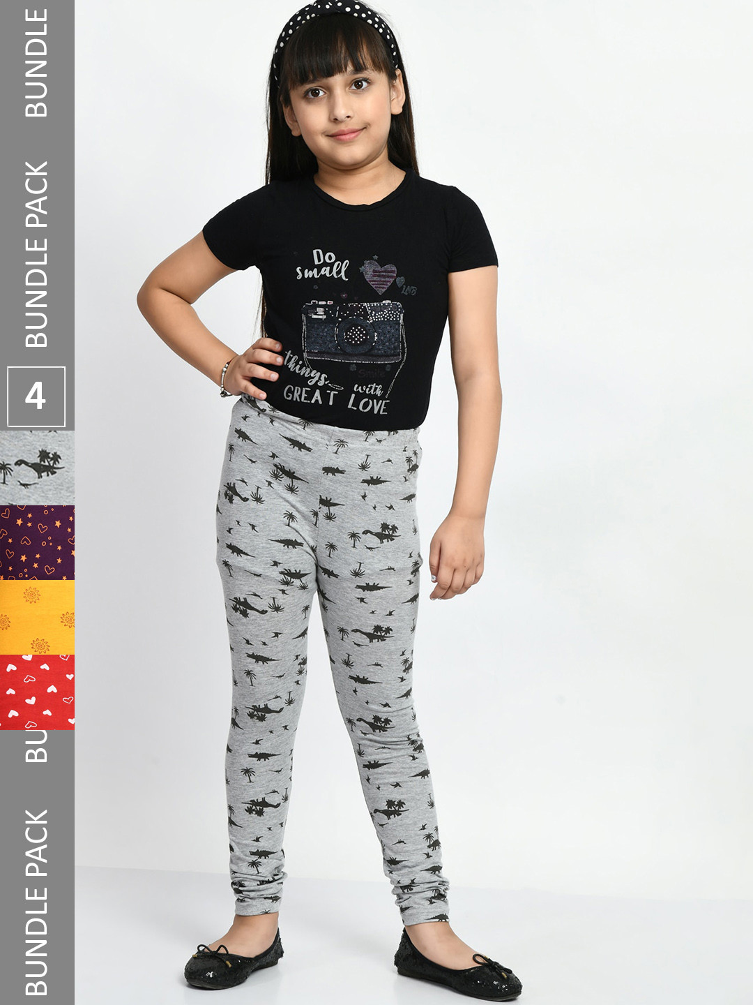 

BAESD Girls Pack Of 4 Allover Printed Pure Cotton Super Soft Churidar-Length Leggings, Grey