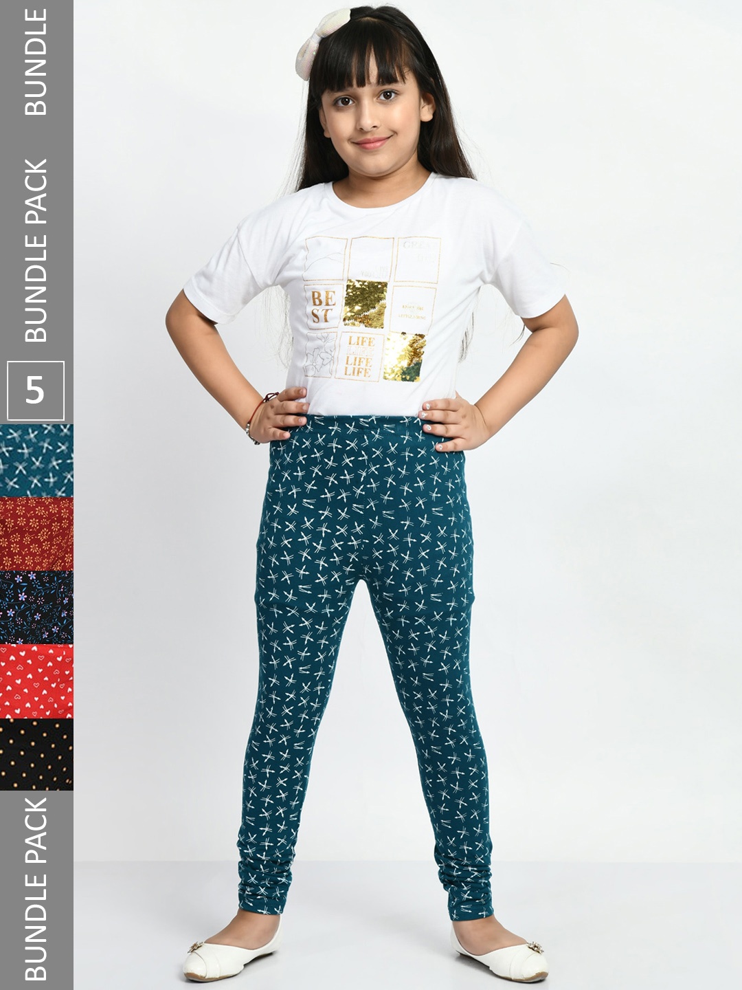 

BAESD Girls Pack Of 5 Printed Super Soft Pure Cotton Churidar-Length Leggings, Teal