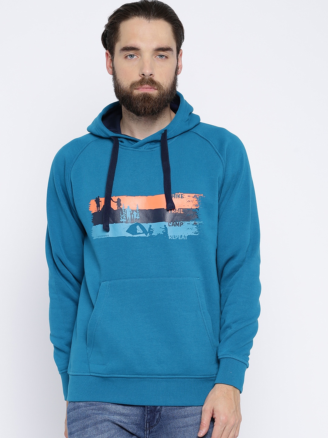 

Wildcraft Men Blue Printed Hooded Adv Steps Sweatshirt