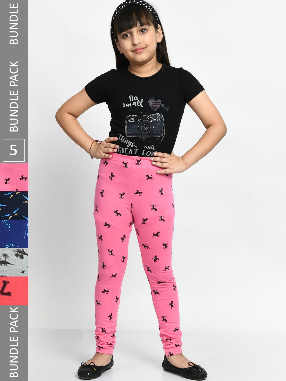 

BAESD Girls Pack Of 5 Printed Pure Cotton Leggings, Pink