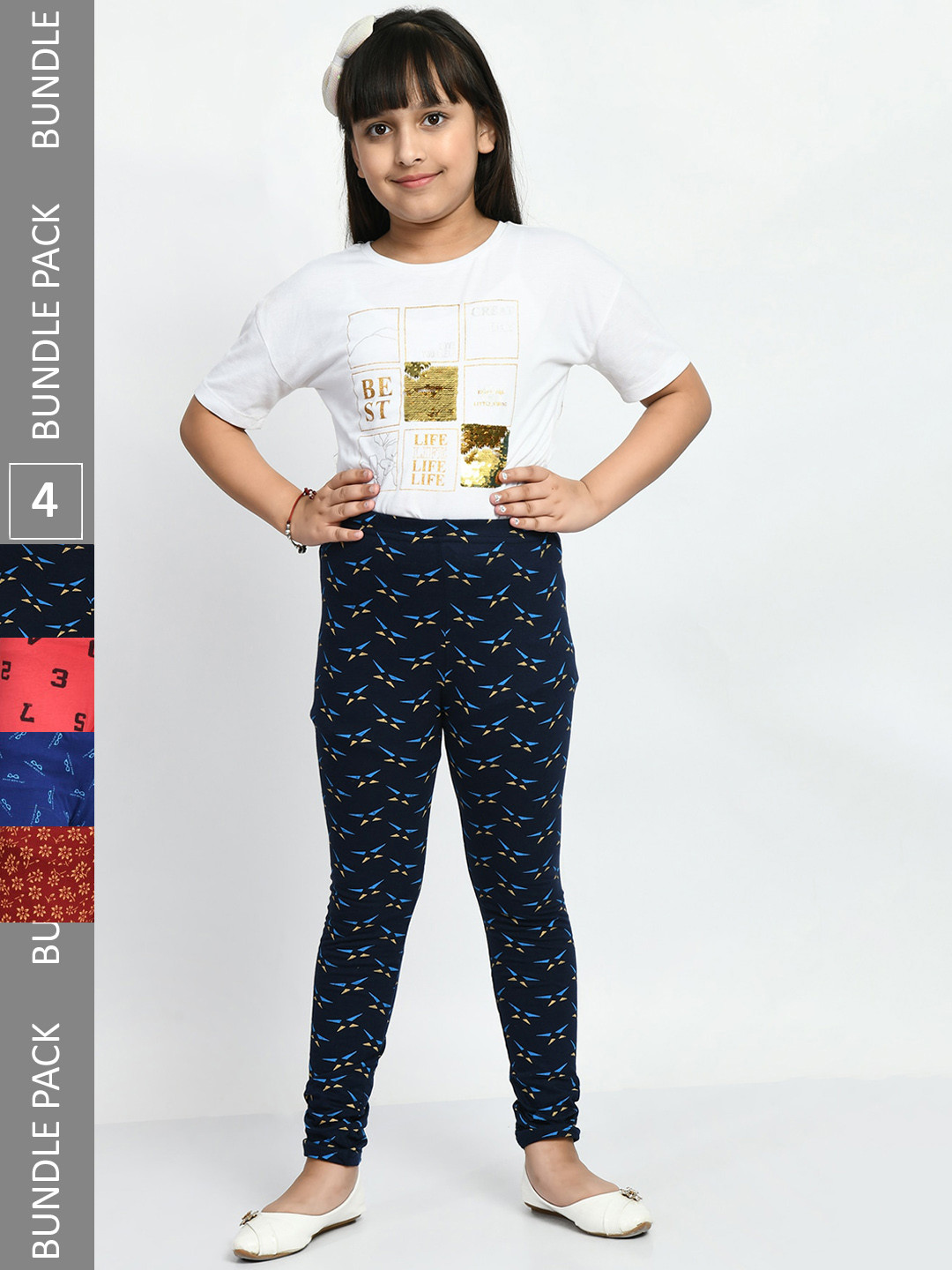 

BAESD Girls Pack Of 4 Printed Pure Cotton Leggings, Navy blue