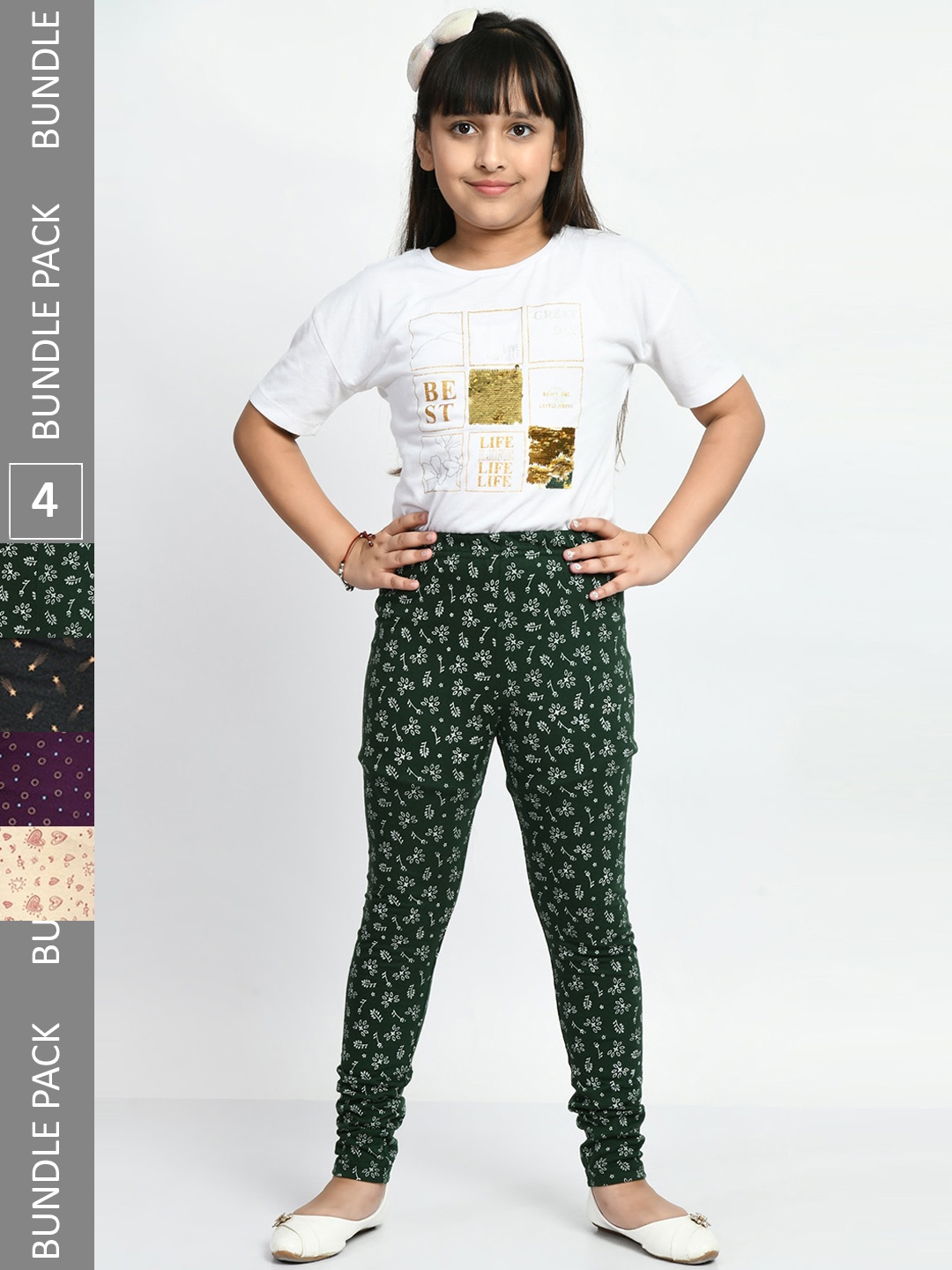 

BAESD Girls Pack Of 4 Allover Printed Pure Cotton Churidar-Length Leggings, Green
