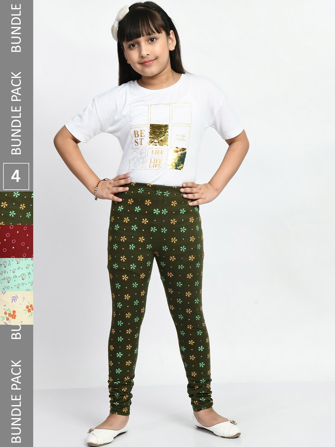 

BAESD Girls Pack Of 4 Allover Printed Pure Cotton Super Soft Churidar-Length Leggings, Green