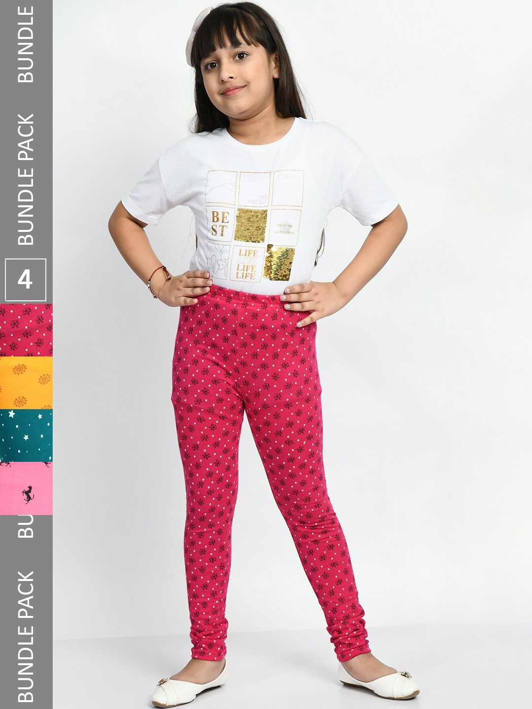 

BAESD Girls Pack Of 4 Printed Super Soft Pure Cotton Churidar-Length Leggings, Yellow