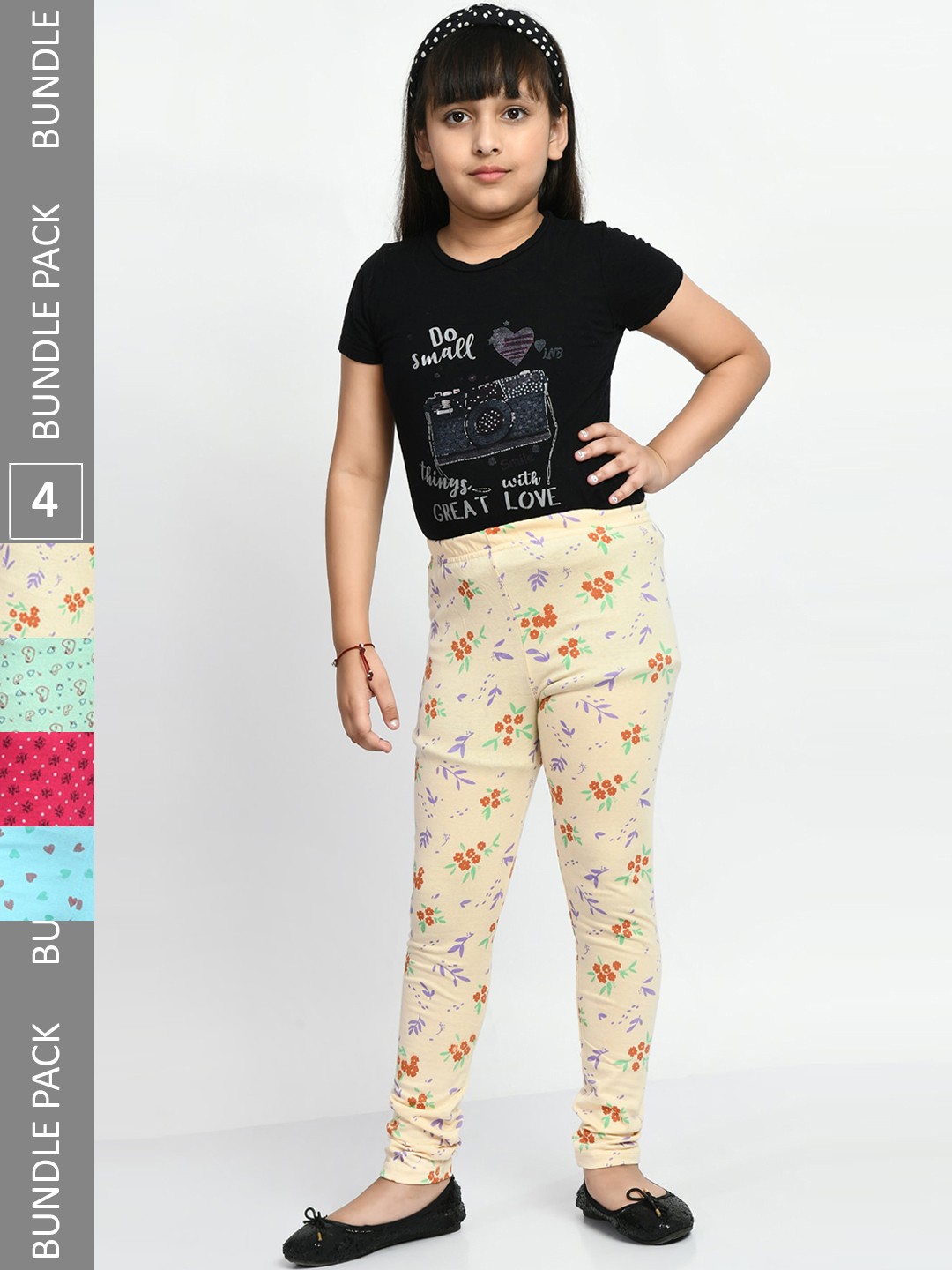 

BAESD Girls Pack Of 4 Printed Pure Cotton Super Soft Churidar-Length Leggings, Beige