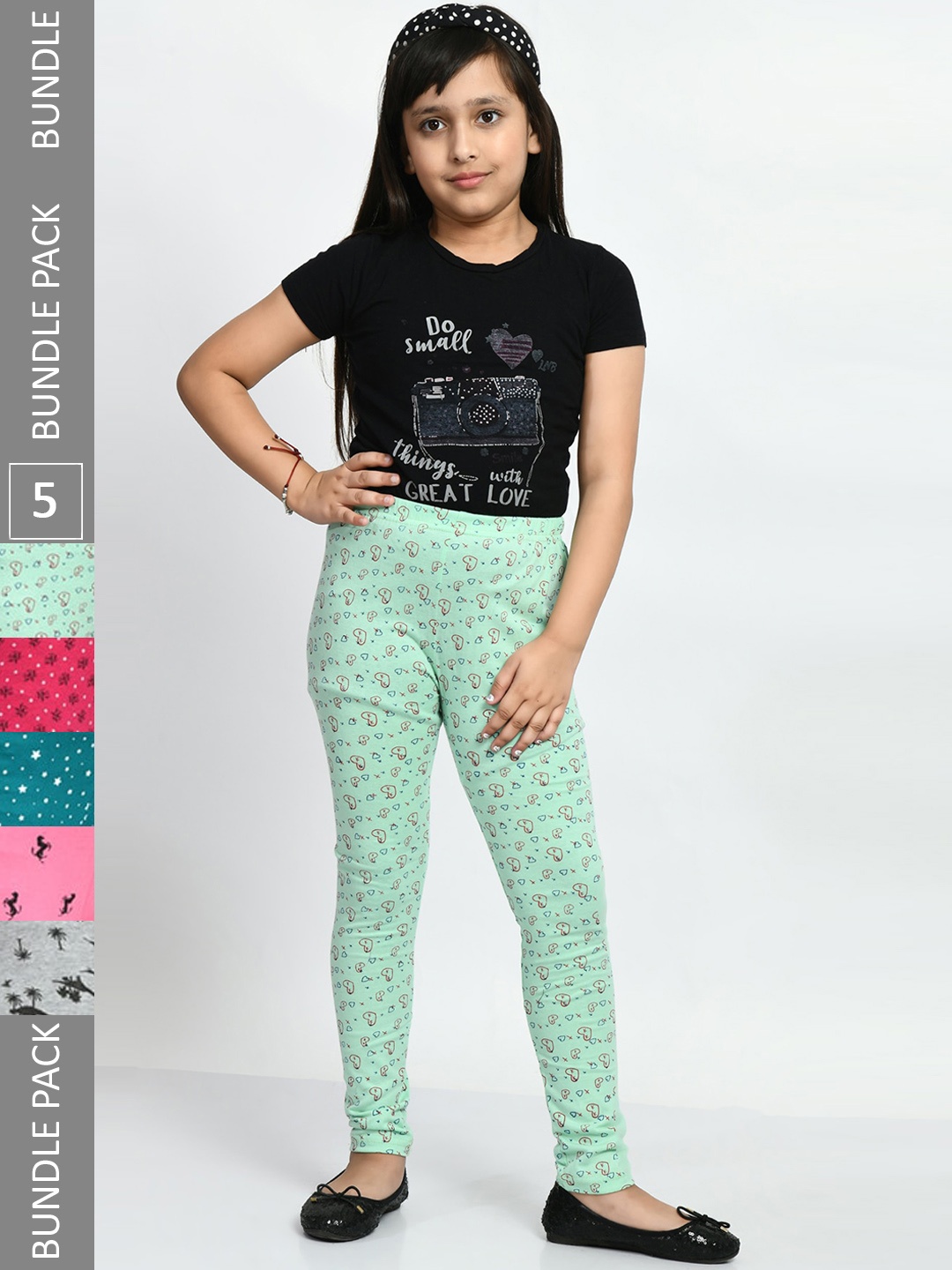 

BAESD Girls Pack Of 5 Printed Pure Cotton Super Soft Churidar-Length Leggings, Multi
