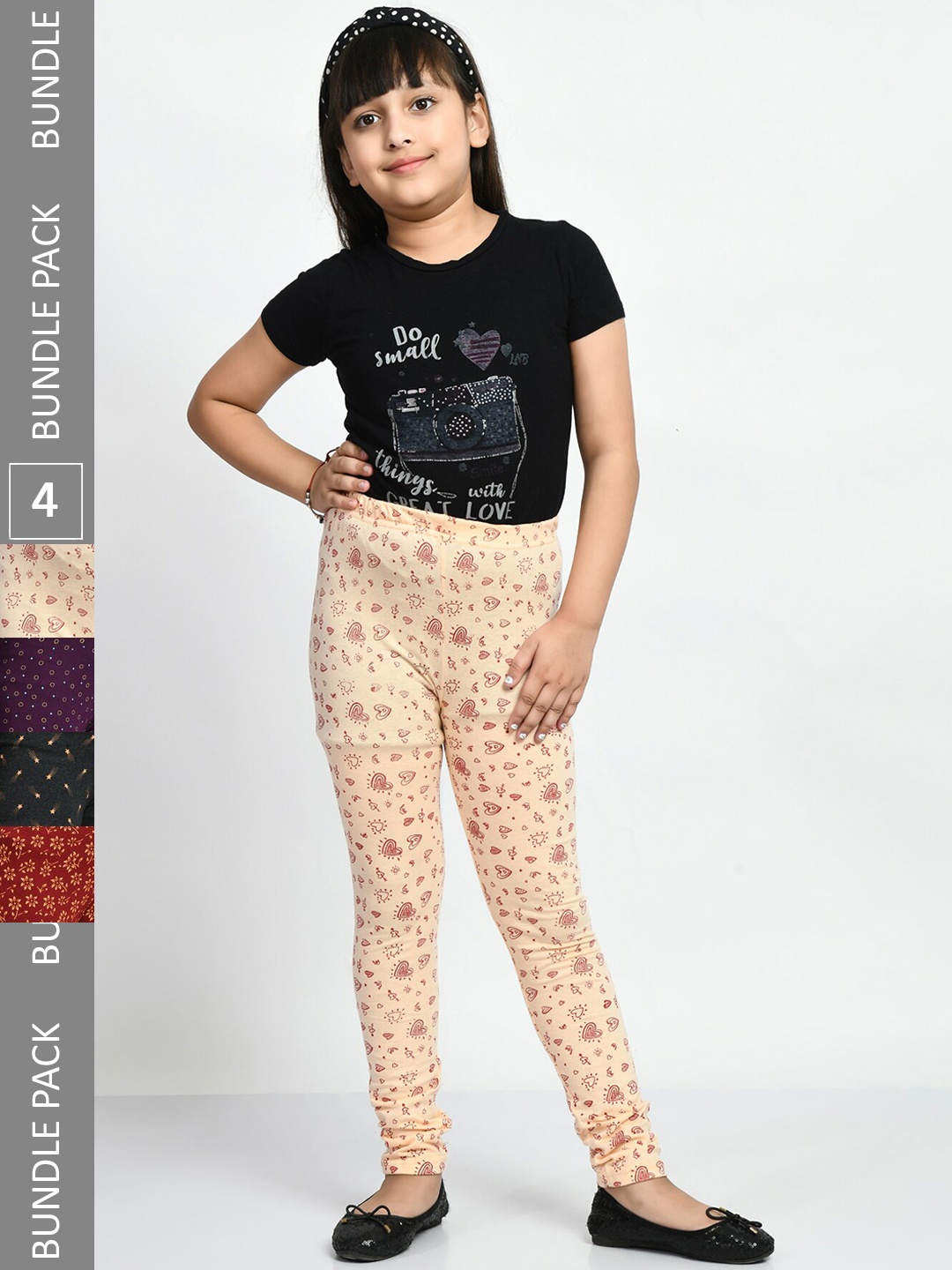 

BAESD Girls Pack of 4 Printed Super Soft Pure Cotton Churidar- Length Leggings, Cream