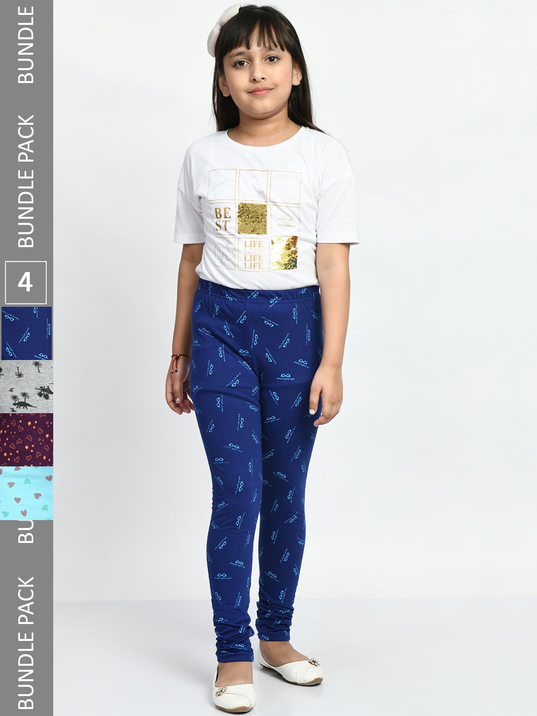 

BAESD Girls Pack Of 4 Printed Pure Cotton Churidar-Length Leggings, Blue