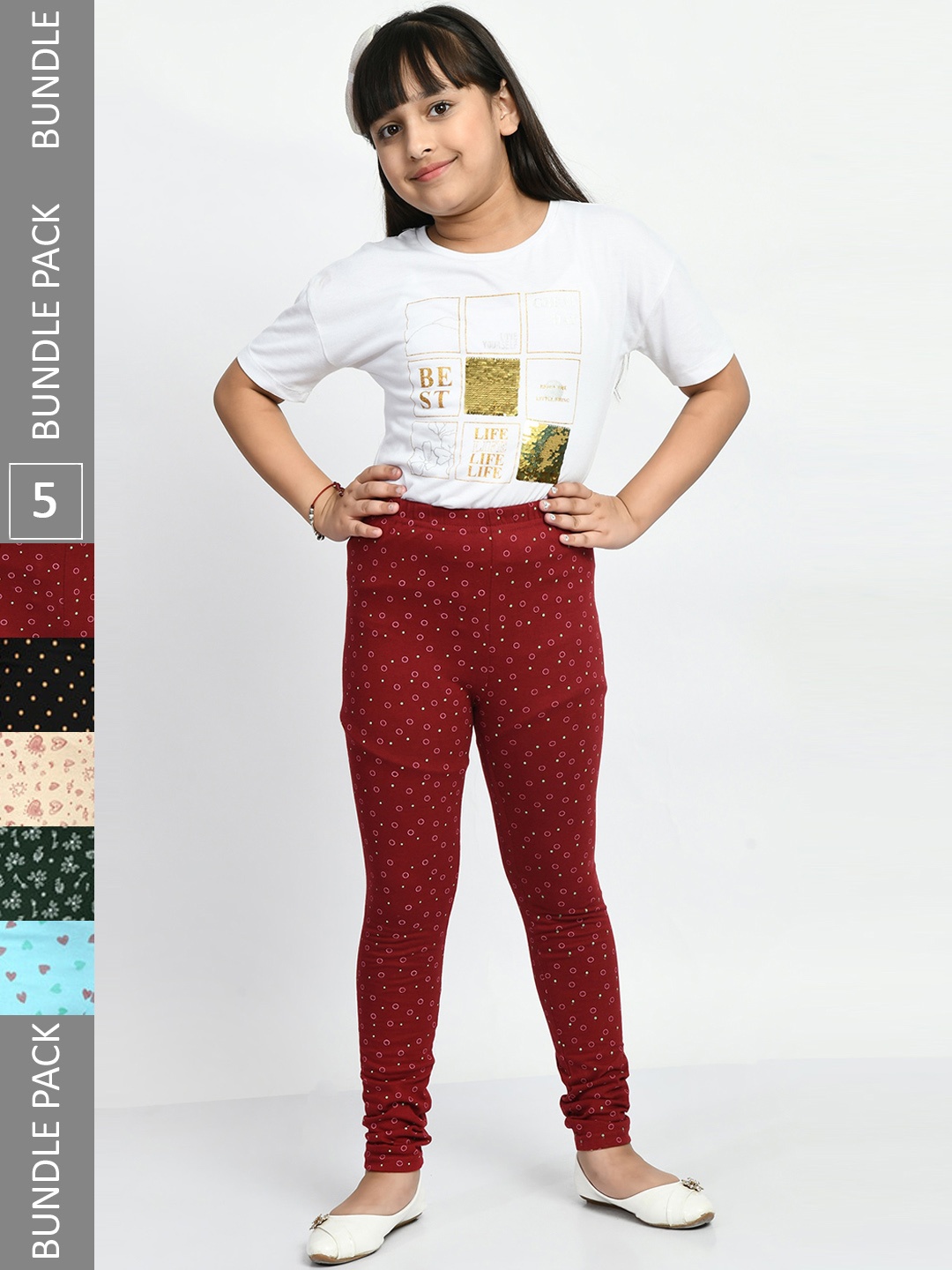 

BAESD Girls Pack of 5 Printed Pure Cotton Leggings, Maroon