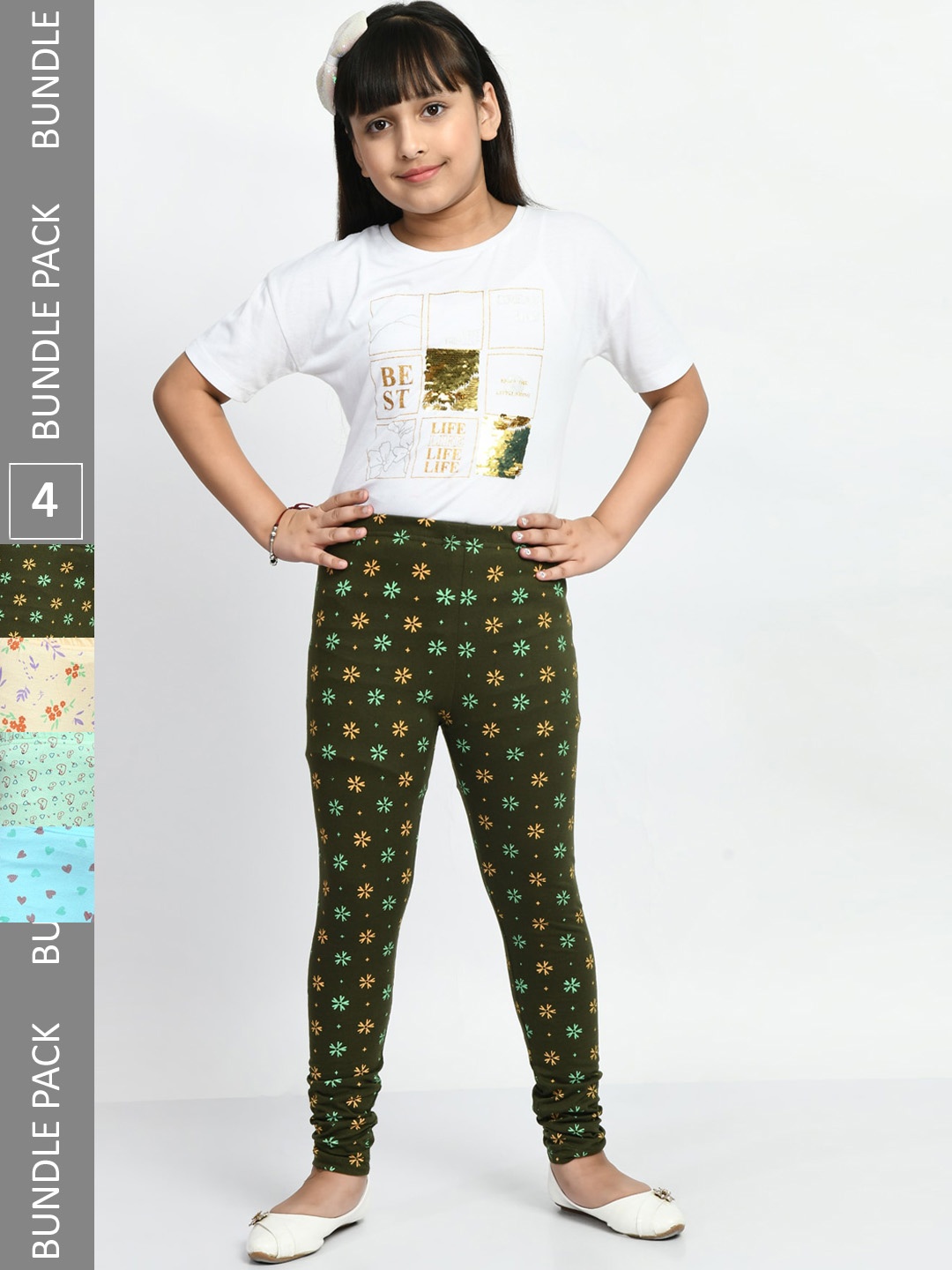 

BAESD Girls Pack Of 4 Printed Churidar Length Pure Cotton Leggings, Green