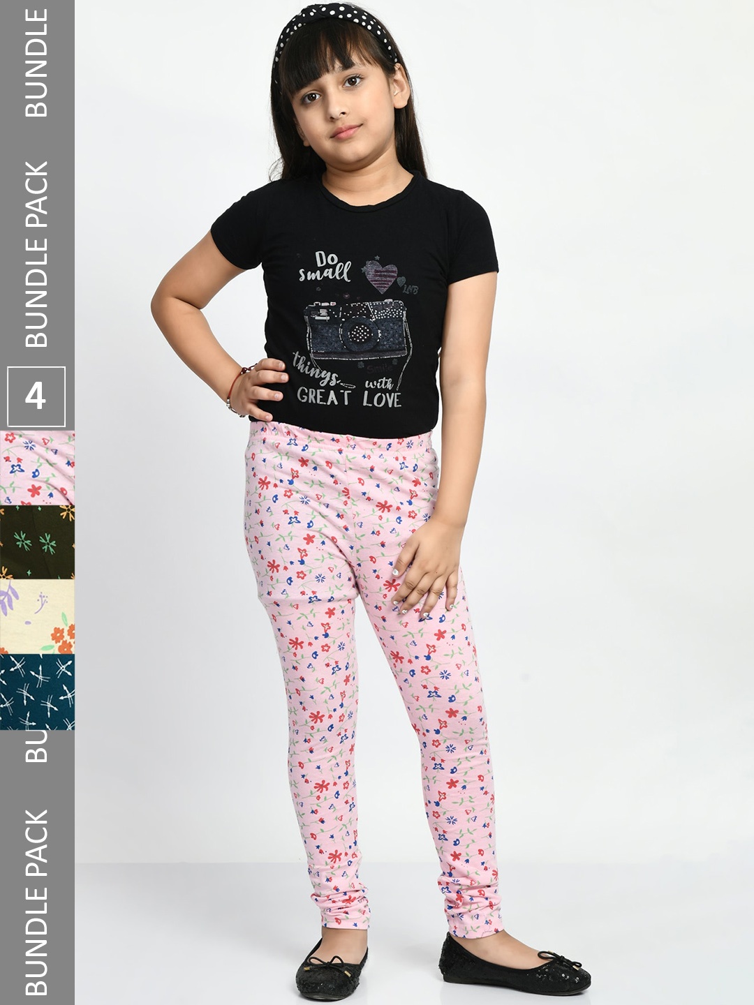 

BAESD Girls Pack Of 4 Printed Pure Cotton Churidar Length Leggings, Multi
