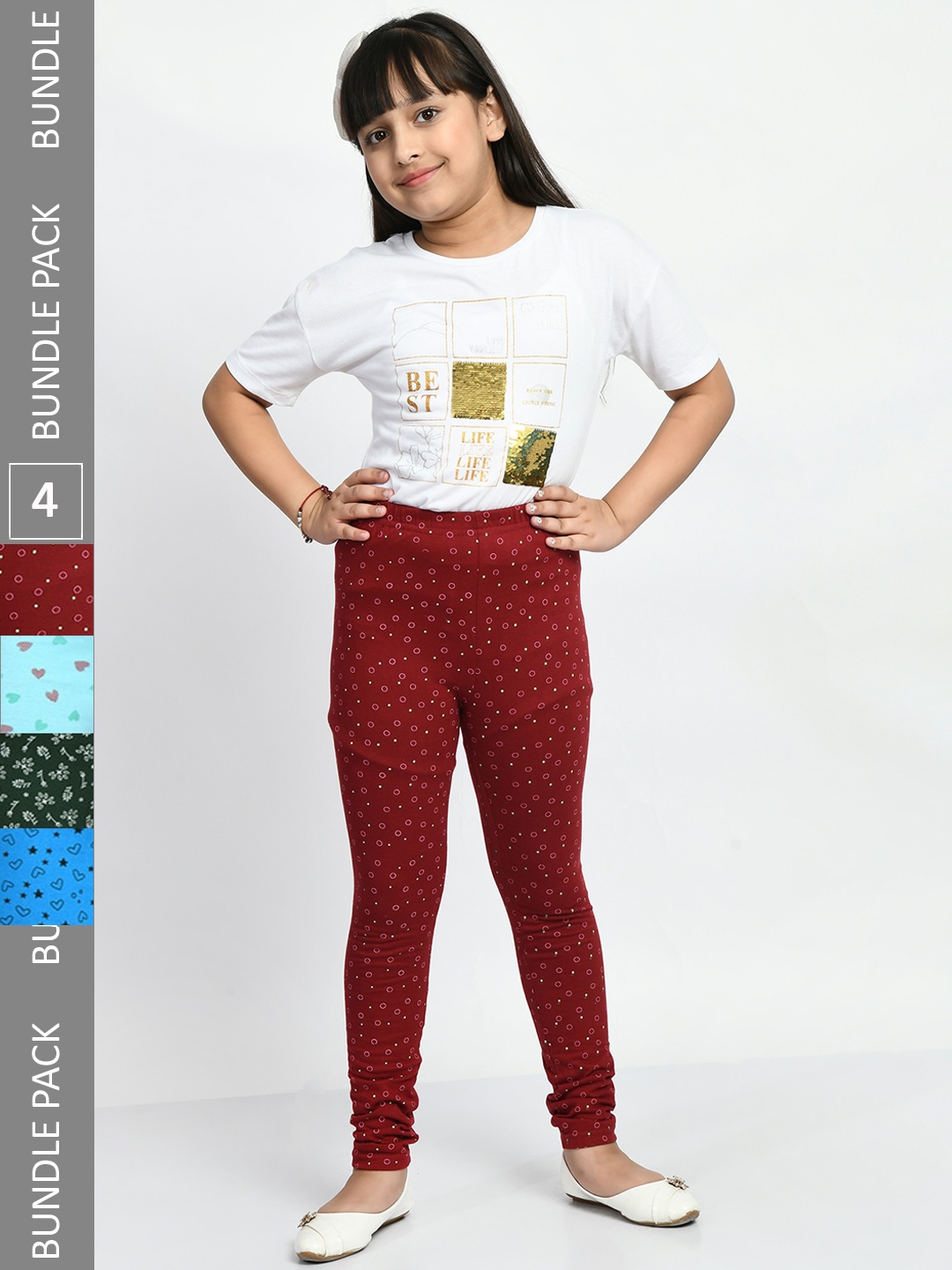 

BAESD Girls Pack Of 4 Printed Cotton Churidar-Length Leggings, Maroon