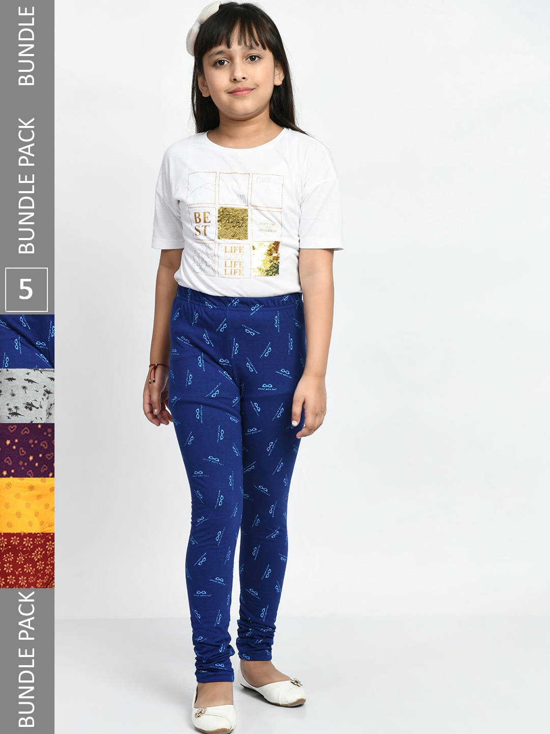 

BAESD Girls Pack Of 5 Printed Super Soft Pure Cotton Churidar-Length Leggings, Yellow